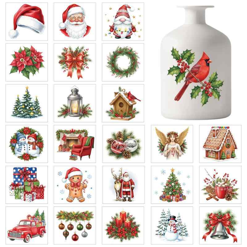 GLOBLELAND 25枚セット ビンテージクリスマス カラフル ラベルステッカー サンタクロース デコールシール 雪だるま ランプジャー ステッカー クリスマスDIY ガラスコップ 花瓶 アート ホームク