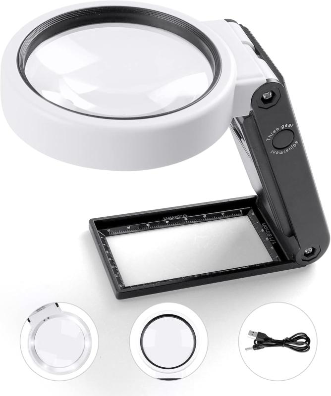 手持ちルーペ 折り畳み 拡大鏡 Ninonly 虫眼鏡 スタンドルーペ 2種類レンズ LEDライト UVライト 付き レンズ径90mm 読書 作業 観察 3段階調光 携帯便利 手持ち 卓上 2WAY