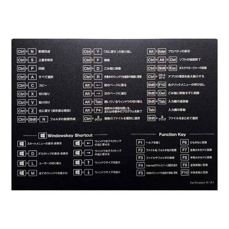 Clip wan役立つマウスパッド モノクロ キーボード ショートカットキー表 Windows10/8.1用