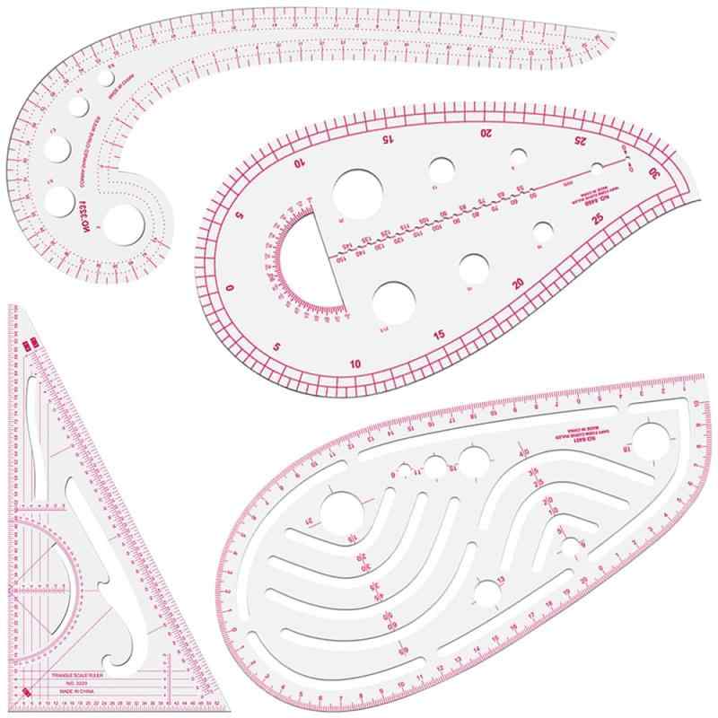 カーブ定規 裁縫定規 4枚セット カーブルーラー アームスリーブ定規 コンマ定規 三角定規 製図用具 曲線定規 服装ルーラーツール 軽量 多機能 描画 製版 製図 裁断 作業効率を向上 裁縫道具