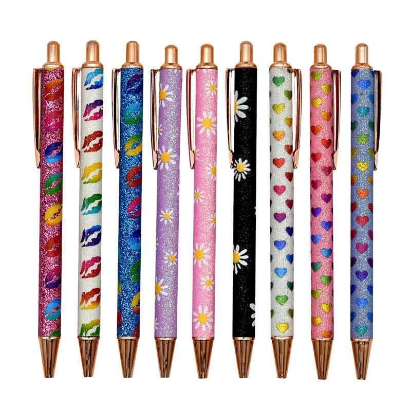 Lopenle 9本 おしゃれ ハート ヒナギク ボールペン 黒 ノック式ボ－ルぺん 愛心絵柄ボ－ルペン かわいい 面白い 書きやすい 手帳 事務用 筆記具用 文房具 子供用 入学お祝い 誕生日 学生 女性