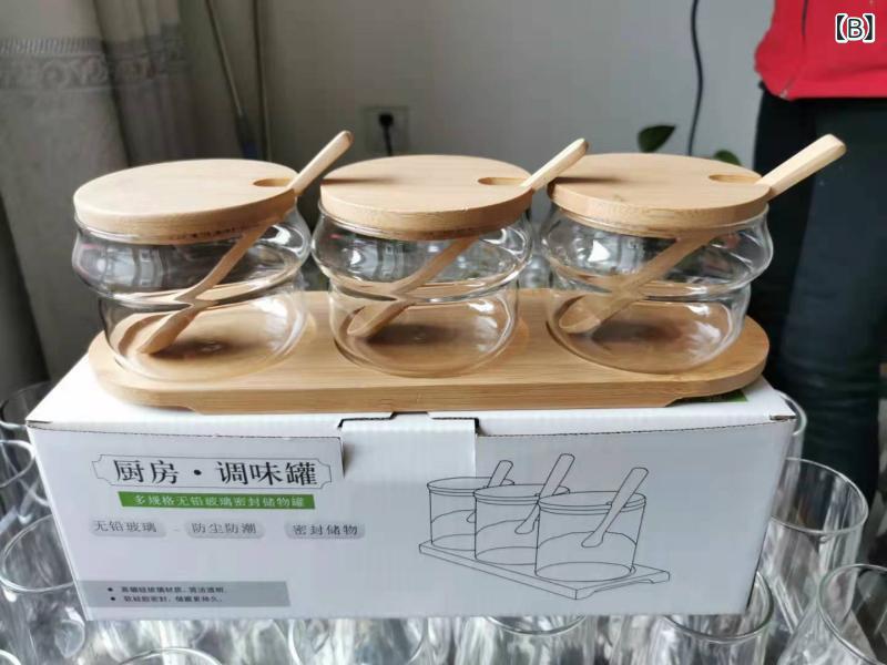 スカイライトのメーカー 卸売 キッチン ガラス 調味 料 缶 セット 透明 調味 料 ボックス 油 塩 缶 調味 料 缶 3 点 セット｜アングル2