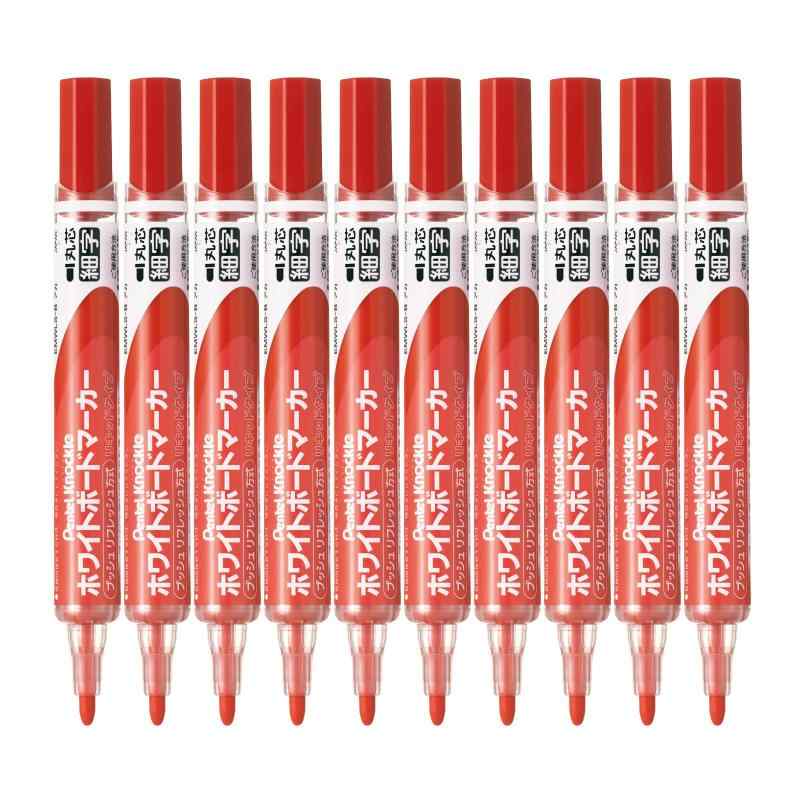 ぺんてる ホワイトボードマーカー ノックル 丸芯・細字 EMWLS-B 赤 10本【特長】インキが薄くなったらノックをプッシュ 濃さが戻り鮮やかに書ける【カラー】赤【線幅】丸芯・細字【本数】10本【材質】キャップ・ノック・前軸・弁座=再生PP 軸=PP ペン先=ポリエステル繊維【1本あたりサイズ/重さ】幅 16mm ×奥行 16mm × 長さ 135mm/16g
