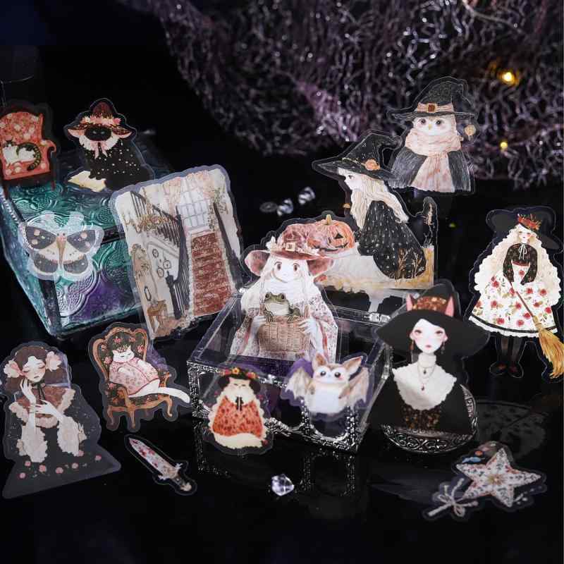 Kigofora フレークシール大容量 120 枚 魔女 コラージュ素材 半透明 PET 黒い魔法 コラージュシール 防水 可愛い 粘着 暗黒 女子 男子 猫 フクロウ カボチャランプのシール DIY 手作り デザインペ