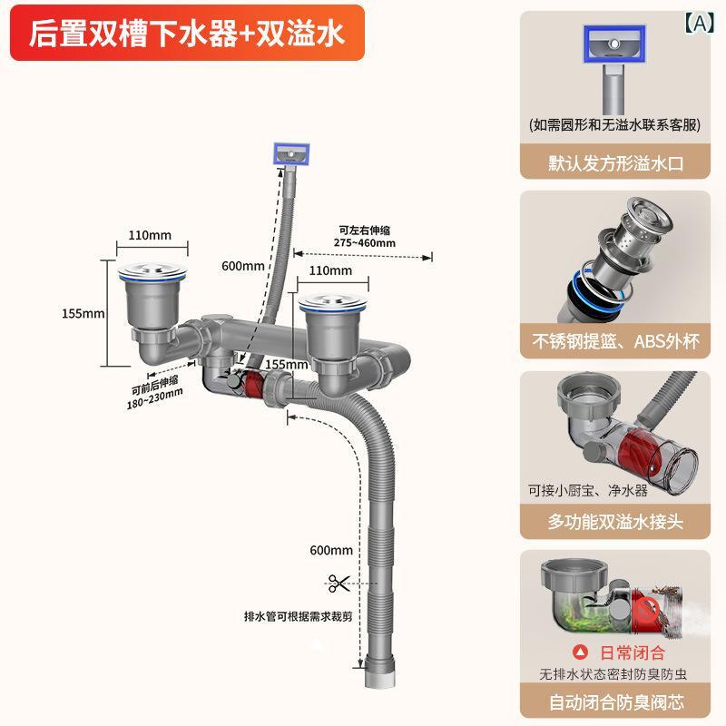 台所の 二 槽 皿洗い 池の 後ろに 排水 管の全 セットの 二 重 溢水 インター フェイスが 臭い 下水 器 メーカーの 卸売りを 防ぐ