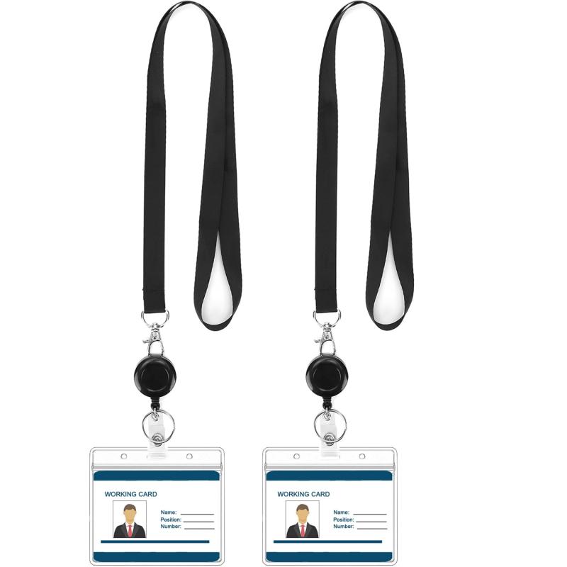 [AMUU] ネックストラップ 黒 2本入り スマホ用 横型 ID カード ホルダー 名札・ホルダー 2個入 両面用 透明色ケース リール付き 吊り下げ用 最長63cm