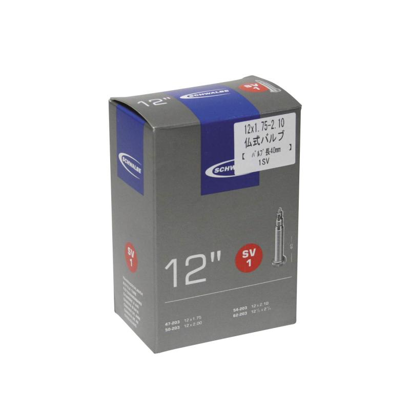SCHWALBE(シュワルベ) 【正規品】12×1.75/2.10用チューブ 仏式 40mmバルブ 1SV品番 : 1SV対応サイズ : 12×1.75/2.10重量 : 80gバルブ長 : 40mmバルブ形式 : 仏式パッケージリニューアルに伴い、掲載画像とは異なったデザインの商品が届く場合がございます。あらかじめご了承ください。