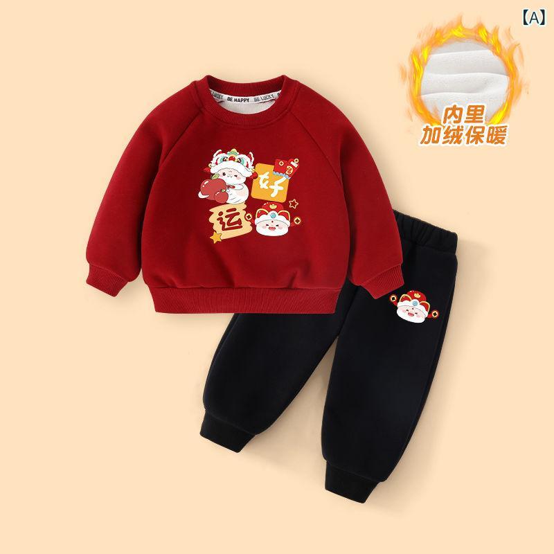 2025 年 新作 男の子と 女の子 用 スウェットシャツと 裏 起毛 パンツの 暖かい 冬 服 子供 用 ツーピース セット 冬 用 ベビー 秋冬 セット