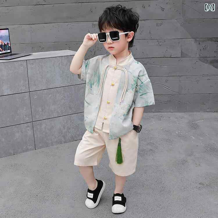 男の子の 夏服 漢 服 国 潮 唐 装 半袖 ツーピース セット 夏の 中国 風 男の子 新中 式 パフォーマンス 服 涼しくて トレンディ