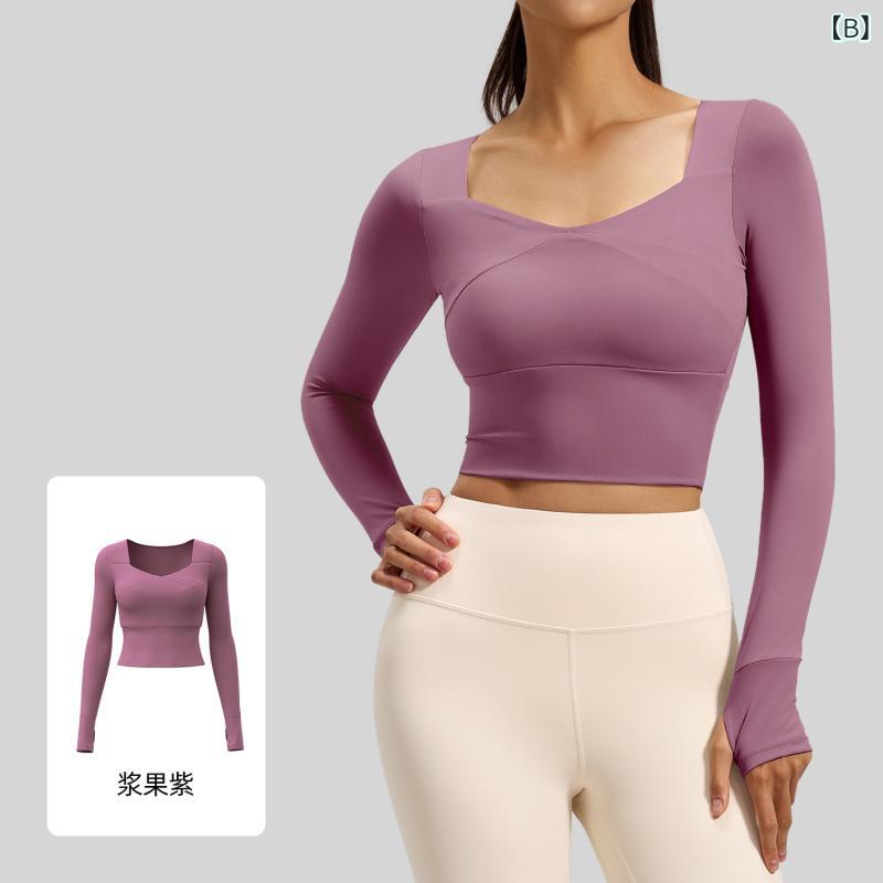 スカイライトのJuyitang ステッチ 女性の ヨガ 服 胸 パッド 付き スポーツトップスフィットネス 服 通気 性 痩身 ランニングフィットネス 長袖｜アングル2