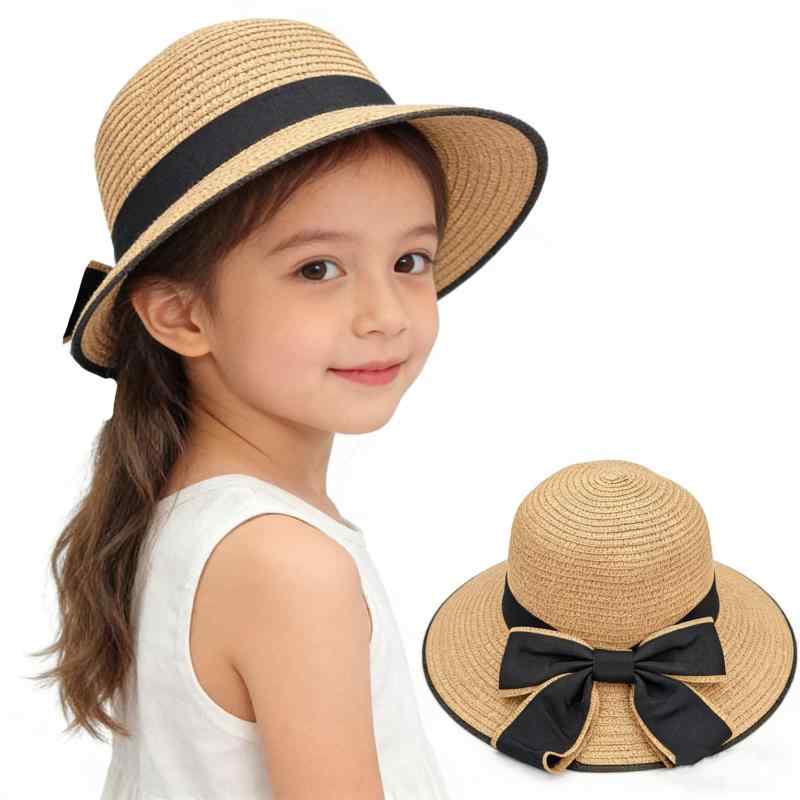 [IPENNYE] 子供用 麦わら帽子 キッズ ペーパーハット 夏用 ストローハット ベビー 女の子可愛い 蝶結び サンハット UVカット帽子 あご紐付き つば広帽子 遮光ハット 通学 旅行 海 ビーチハット