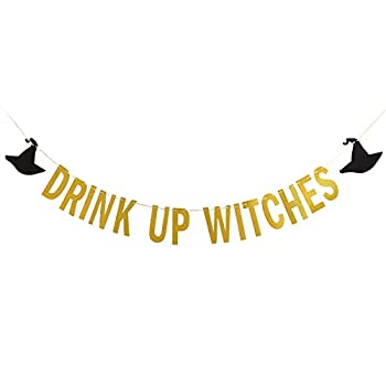 【中古】【輸入品 未使用】ゴールドGlittery Drink Up WitchesバナーGlitter Witch Hatのガーランドハロウィンパーティーホーム装飾Supplies