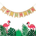 【中古】【輸入品・未使用】Hello Summer 黄麻布バナー 素朴な夏のバナー フラミンゴ柄 サマーガーランドフラッグ プールパーティー ビーチパーティー バーベキューパーティ