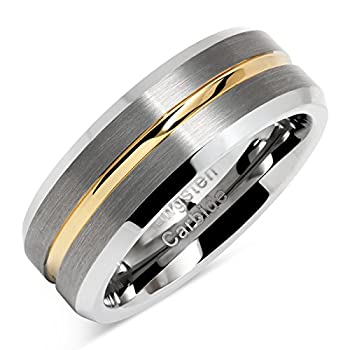 【中古】【輸入品・未使用】100S JEWELRY タングステンリング メンズ 2トーンシルバーウェディングバンド ゴールド溝付きマット仕上げ サイズ6~16