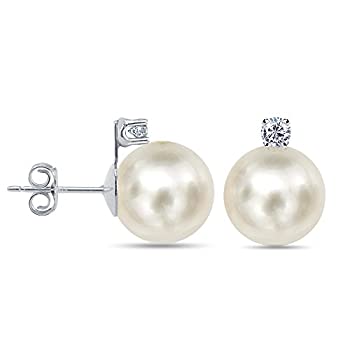 Opal - 【中古】【輸入品・未使用】14K ホワイトゴールド 0.1 CTTW ダイヤモンド ホワイトアコヤ養殖真珠 スタッドピアス 8~8.5mm