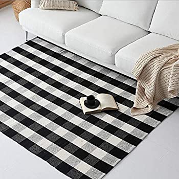 【中古】【輸入品・未使用】(150cm x 200cm%カンマ% Black and White Plaid Rug) - Ukeler 100% Cotton Washable Rugs Black and White Plaid Rug for Living Room/Kitchen/Bat