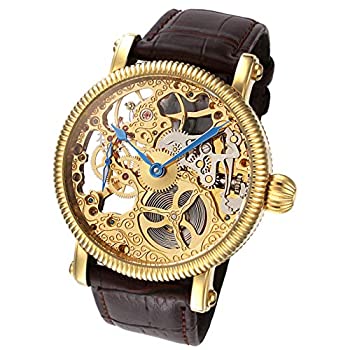 【中古】【輸入品・未使用】Rougois Mechaniqueゴールドスケルトン腕時計ブラウンレザーバンド