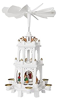 Christmas Pyramid 46cm White Wood Nativity Play - 3 Tier Carousel with 6 Candle Holders - Brubaker Design From Germany