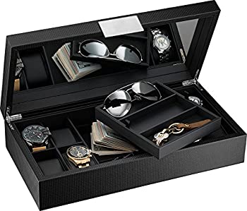 šۡ͢ʡ̤ѡWatch and Sunglasses Box with Valet Tray for Men -14 Slot Luxury Display Case Organiser%% Black Carbon Fibre Design for Mens Jewelle