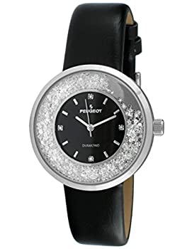 プジョーWomen 's RoundシルバースリムシンGenuine Floating CZブラックバンドドレスWatch 3041sbk シルバー/ブラック