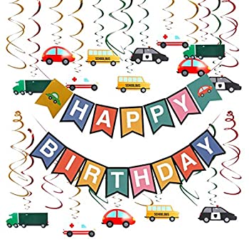 Cieovo カラフル 交通 車 トラック バス 吊り渦巻き デコレーション 車 テーマ Happy Birthday バナー ガーランド 交通テーマ 誕生日 ベビーシャ