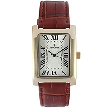 【中古】【輸入品・未使用】プジョーMen 'sヴィンテージ長方形14?Kゴールドメッキブラウンレザーストラップウォッチ