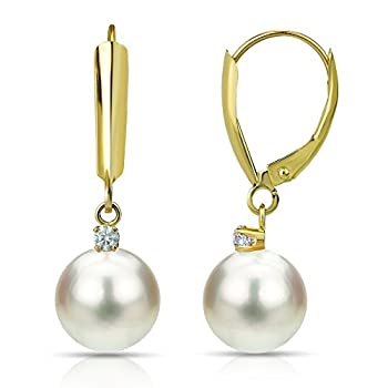 【中古】【輸入品・未使用】14?Kイエローゴールド1?/ 10?cttwダイヤモンドホワイト養殖淡水パールレバーバックイヤリング
