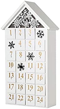 BRUBAKER 再利用可能な木製アドベントカレンダー - ホワイトスノーハウス LED照明付き - DIYクリスマスカレンダー 9.5 x 17.7 x 3.15インチ
