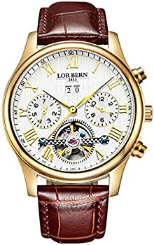 【中古】【輸入品・未使用】メンズ 自動機械式腕時計 日付 ムーンフェーズ 24時間表示 カーフスキン レザー 透明腕時計 ブラウンレザー-ゴールド