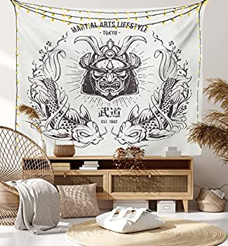 【中古】【輸入品・未使用】Ambesonne アジアタペストリー 伝統的な日本のサムライ鯉 魚 武道 ライフスタイル 東京タイポグラフィー 寝室/リビングルーム/寮の広い 80インチ
