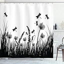 【中古】【輸入品 未使用】Nature Shower Curtain by Ambesonne カンマ Grass Bush Meadow Silhouette with Dragonflies Flying Spring Garden Plants Display カンマ Fabric B