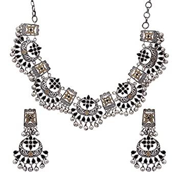 楽天スカイマーケットプラス【中古】【輸入品・未使用】Aheli エスニックファッション デザイナー デュアルトーン シルバーメッキ レッドストーン チョーカースタイル ネックレス イヤリングセット レ