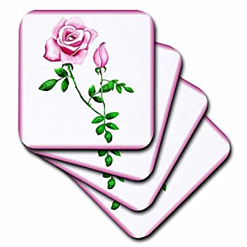 (set-of-8-Ceramic) - 3dRose cst_11671_4 This Artwork Features a Pretty Pink Rose with Rosebud Design and Green Leaves Ceramic Tile Coas