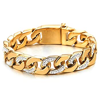 【中古】【輸入品・未使用】COOLSTEELANDBEYOND メンズ ステンレススチール ゴールドカラー カーブチェーンブレスレット 高光沢 キュービックジルコニア