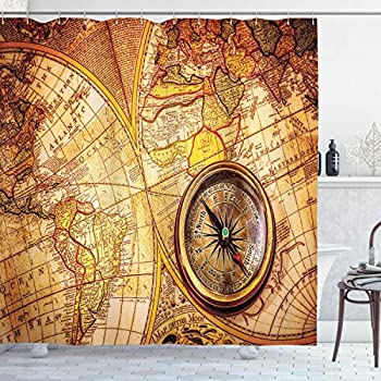 【中古】【輸入品・未使用】(180cm W By 190cm L%カンマ% Multi 11) - Antique Decor Shower Curtain Set By Ambesonne%カンマ% Compass On An Ancient World Map Historic Border