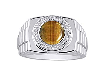 【中古】【輸入品・未使用】RYLOS メンズ リング ラウンド型 カボション タイガーアイ 本物の輝くダイヤモンドセット スターリングシルバー .925-10MM カラーストーン デザ