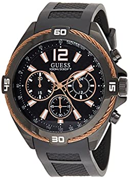 yÁzyAiEgpzGUESS Men's 36mm Black Rubber Band Steel Case Quartz Analog Watch W1168G3