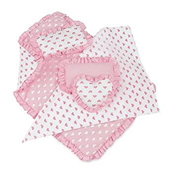 【中古】【輸入品 未使用】18 Inch Doll Accessories Reversible Pink Heart Print Ruffled Bedding Set with Comforter カンマ 3 Pillows and Sheet Fits American Girl