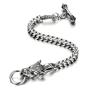 yÁzyAiEgpzMens Biker Gothic Stainless Steel Wolf Curb Chain Bracelet with Red Cubic Zirconia Toggle Clasp