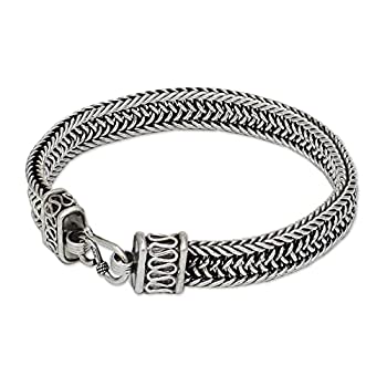 【中古】【輸入品・未使用】NOVICA 925スターリングシルバー メンズ 編み込みチェーンブレスレット 8インチ 0.5インチ幅 「Kingdom」