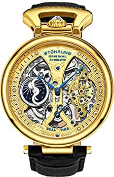 【中古】【輸入品・未使用】Stuhrling オリジナル メンズ スケルトン 腕時計 ダイヤル 自動巻き カーフスキンレザーバンド デュアルタイム AM/PM サン・ムーン A Gold