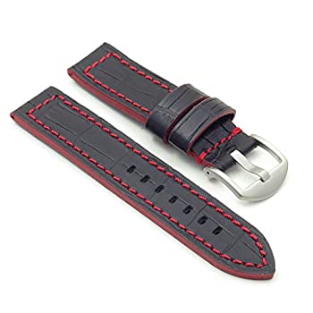 【中古】【輸入品・未使用】DASSARI Flash フラッシュ ワニ模様のレザー 時計バンド ストラップ。黒 - 24mm 赤のステッチ付き。