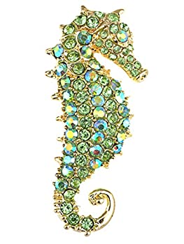 yÁzyAiEgpz(Gold/Green) - Alilang Yellow Iridescent Crystal Rhinestone Seahorse Brooch Pin Pendant Silver Tone Aurora Borealis