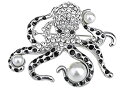 Alilang Silver Tone Faux Pearl Clear Crystal Coloured Rhinestones Octopus Brooch Pin