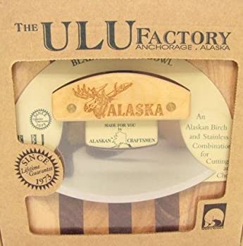 Ulu Factory Alaska Ulu Birch Walnut Stripe Wood Chopping Bowl-board Moose head Design Handle by The ULU Factory
