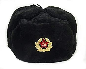 【中古】【輸入品 未使用】Russian Soviet Army Fur Military Cossack Ushanka Hat (Black カンマ 58/M)