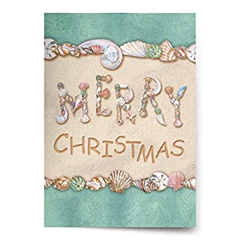Christmas Cards - Box Set 18 Cards and 18 Envelopes - Merry Christmas Written in the Sand with Seashells Spelling%ダブルクォーテ%Merry%ダブル