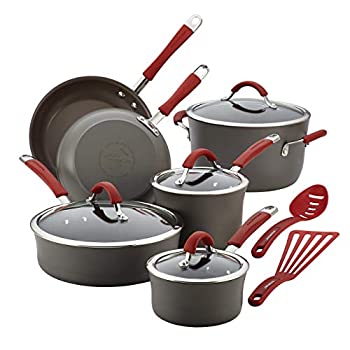 【中古】【輸入品・未使用】Rachael Ray 87630 Cucina Hard-Anodized Nonstick 12-Piece Cookware Set&#44; Gray With Cranberry Red Handles [並行輸入品]