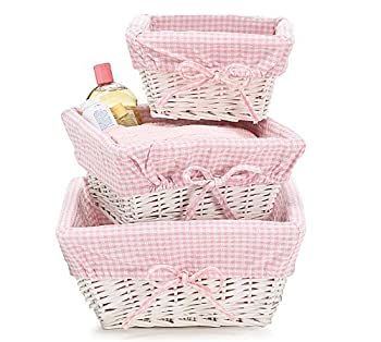 yÁzyAiEgpzSet of 3 Baby Girl Nursery Storage Baskets - White Willow with Pink Cotton Gingham Fabric by Burton & Burton [sAi]