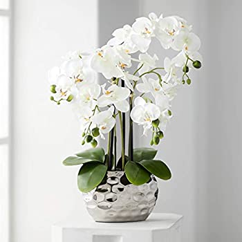 Dahlia Studios White Phalaenopsis 23%ダブルクォーテ% H Faux Orchid in Silver Ceramic Pot